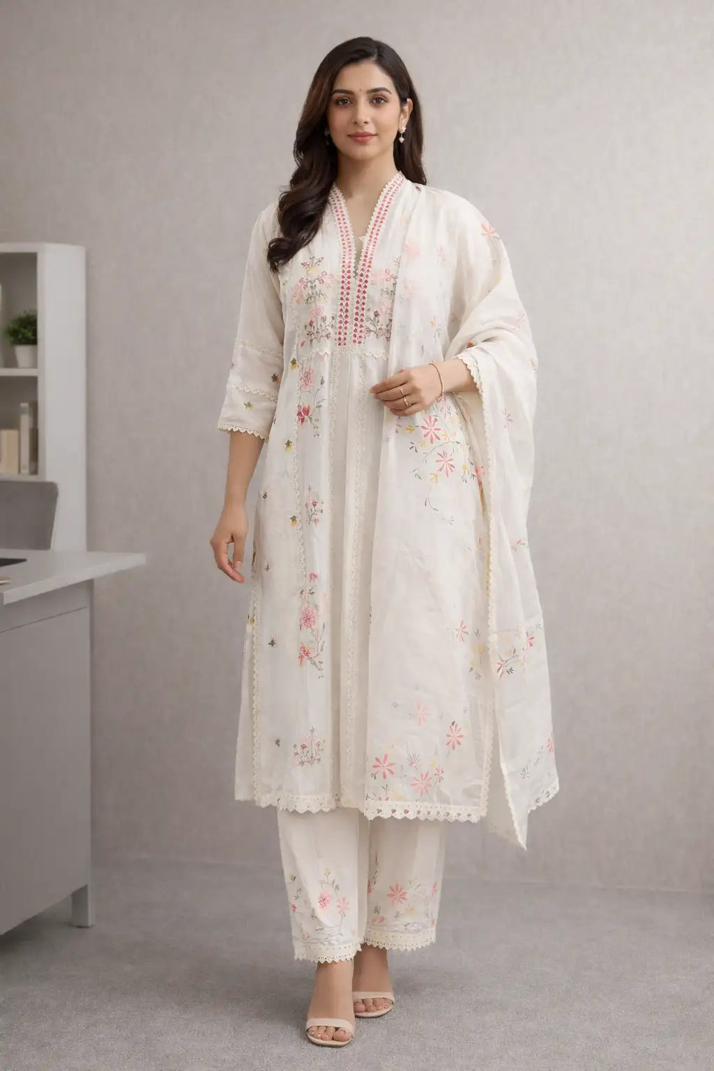 Cream Floral Embroidered Kurta Set with Dupatta